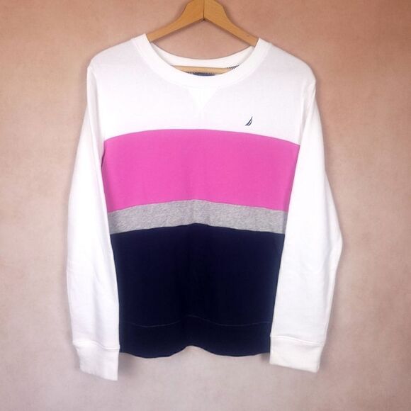 Nautica White Pink Navy Colorblock Lightweight Sweatshirt Size Medium - Picture 1 of 4